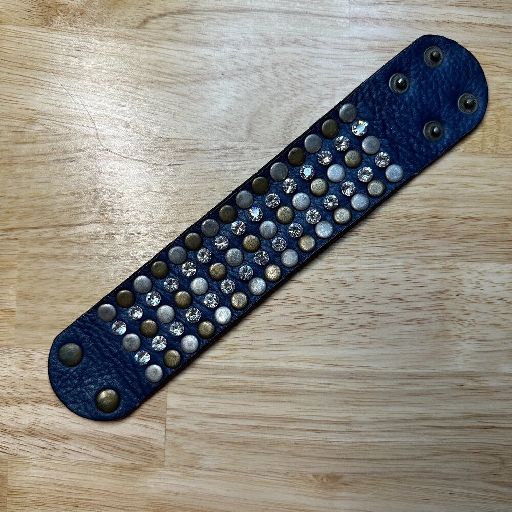 Blue leather studded cuff bracelet